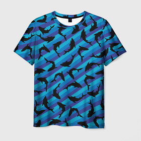 Мужская футболка 3D с принтом Черные акулы паттерн в Тюмени, 100% полиэфир | прямой крой, круглый вырез горловины, длина до линии бедер | black | shark | акула | акулы | жители | клыки | море | морские | океан | паттерн | рыба | черные