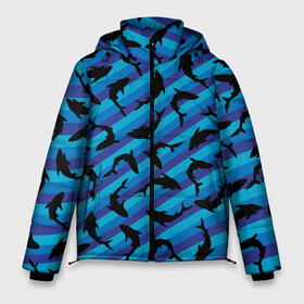 Мужская зимняя куртка 3D с принтом Черные акулы паттерн в Тюмени, верх — 100% полиэстер; подкладка — 100% полиэстер; утеплитель — 100% полиэстер | длина ниже бедра, свободный силуэт Оверсайз. Есть воротник-стойка, отстегивающийся капюшон и ветрозащитная планка. 

Боковые карманы с листочкой на кнопках и внутренний карман на молнии. | black | shark | акула | акулы | жители | клыки | море | морские | океан | паттерн | рыба | черные