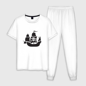 Мужская пижама хлопок с принтом Пиратский корабль в Тюмени, 100% хлопок | брюки и футболка прямого кроя, без карманов, на брюках мягкая резинка на поясе и по низу штанин
 | ships | корабли | кораблики | корабль | пират | пиратский | пиратский флаг | череп