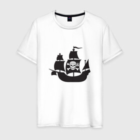 Мужская футболка хлопок с принтом Пиратский корабль в Тюмени, 100% хлопок | прямой крой, круглый вырез горловины, длина до линии бедер, слегка спущенное плечо. | ships | корабли | кораблики | корабль | пират | пиратский | пиратский флаг | череп