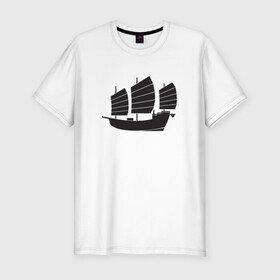 Мужская футболка хлопок Slim с принтом Черный корабль в Тюмени, 92% хлопок, 8% лайкра | приталенный силуэт, круглый вырез ворота, длина до линии бедра, короткий рукав | sailboat | кораблик | корабль | лодка | парус | паруса | парусная лодка | тату | татуировка | черные
