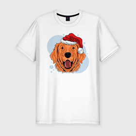 Мужская футболка хлопок Slim с принтом Рождественский пёс в Тюмени, 92% хлопок, 8% лайкра | приталенный силуэт, круглый вырез ворота, длина до линии бедра, короткий рукав | Тематика изображения на принте: животные | новый год | праздник | рождество | собака