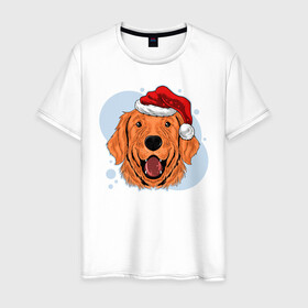 Мужская футболка хлопок с принтом Рождественский пёс в Тюмени, 100% хлопок | прямой крой, круглый вырез горловины, длина до линии бедер, слегка спущенное плечо. | Тематика изображения на принте: животные | новый год | праздник | рождество | собака