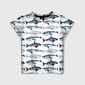 Детская футболка 3D с принтом киты в Тюмени, 100% гипоаллергенный полиэфир | прямой крой, круглый вырез горловины, длина до линии бедер, чуть спущенное плечо, ткань немного тянется | ocean | sea | касатки | киты | море | морские мотивы | морской принт | морской фон | океан | паттерн | рыбы | текстуры