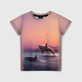 Детская футболка 3D с принтом касатки в Тюмени, 100% гипоаллергенный полиэфир | прямой крой, круглый вырез горловины, длина до линии бедер, чуть спущенное плечо, ткань немного тянется | Тематика изображения на принте: ocean | orca | sea | sea animal | дельфин | закат | касатка | кит | море | океан | рисунок кита
