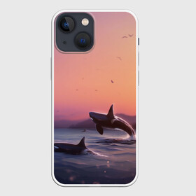 Чехол для iPhone 13 mini с принтом касатки в Тюмени,  |  | Тематика изображения на принте: ocean | orca | sea | sea animal | дельфин | закат | касатка | кит | море | океан | рисунок кита