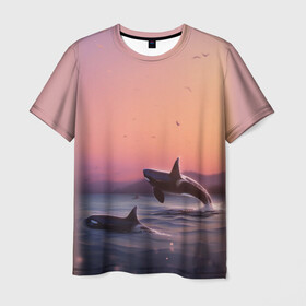 Мужская футболка 3D с принтом касатки в Тюмени, 100% полиэфир | прямой крой, круглый вырез горловины, длина до линии бедер | ocean | orca | sea | sea animal | дельфин | закат | касатка | кит | море | океан | рисунок кита