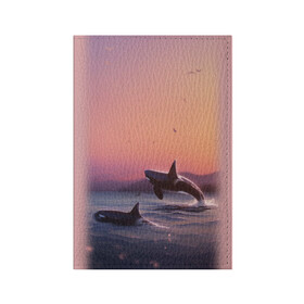 Обложка для паспорта матовая кожа с принтом касатки в Тюмени, натуральная матовая кожа | размер 19,3 х 13,7 см; прозрачные пластиковые крепления | Тематика изображения на принте: ocean | orca | sea | sea animal | дельфин | закат | касатка | кит | море | океан | рисунок кита