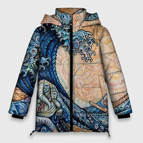 Женская зимняя куртка Oversize с принтом Indian Ocean psychedelics в Тюмени, верх — 100% полиэстер; подкладка — 100% полиэстер; утеплитель — 100% полиэстер | длина ниже бедра, силуэт Оверсайз. Есть воротник-стойка, отстегивающийся капюшон и ветрозащитная планка. 

Боковые карманы с листочкой на кнопках и внутренний карман на молнии | Тематика изображения на принте: abstrction | acid | colors | psychedelics | индия | океан | узоры