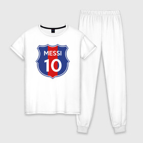 Женская пижама хлопок с принтом Lionel Messi 10 эмблема с флагом в Тюмени, 100% хлопок | брюки и футболка прямого кроя, без карманов, на брюках мягкая резинка на поясе и по низу штанин | argentina | barca | barcelona | fc barcelona | lionel messi | spain | sport | uefa | аргентина | барса | барселона | золотой мяч | игрок | испания | камп ноу | лео месси | лионель месси | мяч | спорт | тренер | уефа 