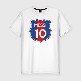 Мужская футболка хлопок Slim с принтом Lionel Messi 10 эмблема с флагом в Тюмени, 92% хлопок, 8% лайкра | приталенный силуэт, круглый вырез ворота, длина до линии бедра, короткий рукав | argentina | barca | barcelona | fc barcelona | lionel messi | spain | sport | uefa | аргентина | барса | барселона | золотой мяч | игрок | испания | камп ноу | лео месси | лионель месси | мяч | спорт | тренер | уефа 