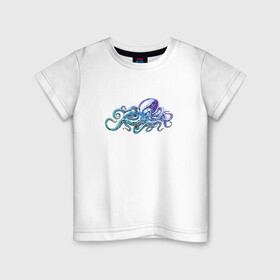 Детская футболка хлопок с принтом Осьминог в Тюмени, 100% хлопок | круглый вырез горловины, полуприлегающий силуэт, длина до линии бедер | cute | kraken | octopus | живность | жители | кракен | милый | мир | морские | осьминог | осьминожка | подводный | тентакли