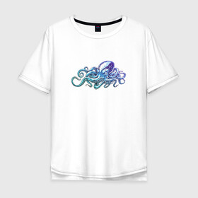 Мужская футболка хлопок Oversize с принтом Осьминог в Тюмени, 100% хлопок | свободный крой, круглый ворот, “спинка” длиннее передней части | Тематика изображения на принте: cute | kraken | octopus | живность | жители | кракен | милый | мир | морские | осьминог | осьминожка | подводный | тентакли