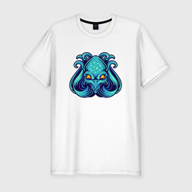 Мужская футболка хлопок Slim с принтом Голубой осьминог в Тюмени, 92% хлопок, 8% лайкра | приталенный силуэт, круглый вырез ворота, длина до линии бедра, короткий рукав | cute | kraken | octopus | живность | жители | кракен | милый | мир | морские | осьминог | осьминожка | подводный | тентакли