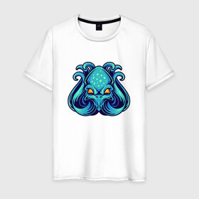Мужская футболка хлопок с принтом Голубой осьминог в Тюмени, 100% хлопок | прямой крой, круглый вырез горловины, длина до линии бедер, слегка спущенное плечо. | cute | kraken | octopus | живность | жители | кракен | милый | мир | морские | осьминог | осьминожка | подводный | тентакли