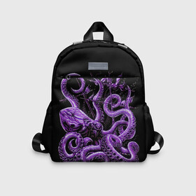 Детский рюкзак 3D с принтом Фиолетовый Кракен в Тюмени, 100% полиэстер | лямки с регулируемой длиной, сверху петелька, чтобы рюкзак можно было повесить на вешалку. Основное отделение закрывается на молнию, как и внешний карман. Внутри дополнительный карман. По бокам два дополнительных кармашка | animal | beast | kraken | ocean | octopus | sea | ship | water | вода | животные | звери | корабль | кракен | море | океан | осьминог | рыбы | щупальца