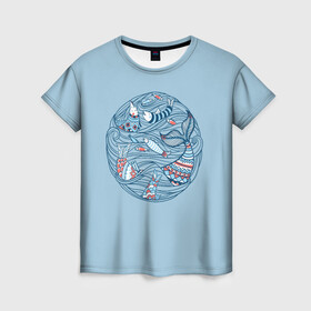 Женская футболка 3D с принтом Sea Circle в Тюмени, 100% полиэфир ( синтетическое хлопкоподобное полотно) | прямой крой, круглый вырез горловины, длина до линии бедер | circle | fish | inhabitants | marine | ocean | sea | water | waves | вода | волны | жители | круг | море | морсие | морской | оитатели | океан | рыба
