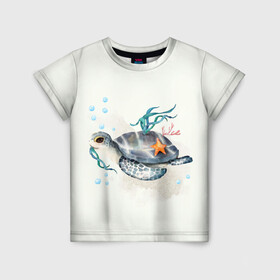 Детская футболка 3D с принтом черепашка в Тюмени, 100% гипоаллергенный полиэфир | прямой крой, круглый вырез горловины, длина до линии бедер, чуть спущенное плечо, ткань немного тянется | ocean | sea | sea animal | акварель | водоросли | графика | море | океан | подводный мир | черепаха