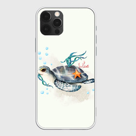 Чехол для iPhone 12 Pro с принтом черепашка в Тюмени, силикон | область печати: задняя сторона чехла, без боковых панелей | Тематика изображения на принте: ocean | sea | sea animal | акварель | водоросли | графика | море | океан | подводный мир | черепаха