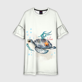 Детское платье 3D с принтом черепашка в Тюмени, 100% полиэстер | прямой силуэт, чуть расширенный к низу. Круглая горловина, на рукавах — воланы | Тематика изображения на принте: ocean | sea | sea animal | акварель | водоросли | графика | море | океан | подводный мир | черепаха