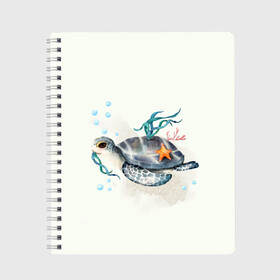 Тетрадь с принтом черепашка в Тюмени, 100% бумага | 48 листов, плотность листов — 60 г/м2, плотность картонной обложки — 250 г/м2. Листы скреплены сбоку удобной пружинной спиралью. Уголки страниц и обложки скругленные. Цвет линий — светло-серый
 | Тематика изображения на принте: ocean | sea | sea animal | акварель | водоросли | графика | море | океан | подводный мир | черепаха