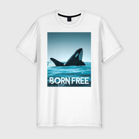 Мужская футболка хлопок Slim с принтом рожденная свободной в Тюмени, 92% хлопок, 8% лайкра | приталенный силуэт, круглый вырез ворота, длина до линии бедра, короткий рукав | ocean | orca | sea | sea animal | дельфин | касатка | кит | море | океан | рисунок кита