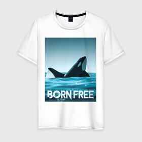 Мужская футболка хлопок с принтом рожденная свободной в Тюмени, 100% хлопок | прямой крой, круглый вырез горловины, длина до линии бедер, слегка спущенное плечо. | ocean | orca | sea | sea animal | дельфин | касатка | кит | море | океан | рисунок кита