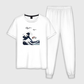 Мужская пижама хлопок с принтом Карп кои в Тюмени, 100% хлопок | брюки и футболка прямого кроя, без карманов, на брюках мягкая резинка на поясе и по низу штанин
 | Тематика изображения на принте: волна | карпы кои | океан | рыба | японские карпы
