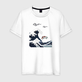 Мужская футболка хлопок с принтом Карп кои в Тюмени, 100% хлопок | прямой крой, круглый вырез горловины, длина до линии бедер, слегка спущенное плечо. | волна | карпы кои | океан | рыба | японские карпы