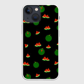 Чехол для iPhone 13 mini с принтом Арбуз на черном фоне в Тюмени,  |  | food | pattern | red | ripe | round | seeds | slice | slices | small | summer | watermelon | whole | арбуз | горох | еда | красный | круглый | кусочки | летний | ломтик | мелкий | нарезанный | паттерн | пища | семечки | спелый | целый