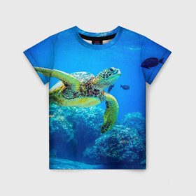 Детская футболка 3D с принтом Морская черепаха в Тюмени, 100% гипоаллергенный полиэфир | прямой крой, круглый вырез горловины, длина до линии бедер, чуть спущенное плечо, ткань немного тянется | морская черепаха | океан | подводный мир | черепаха