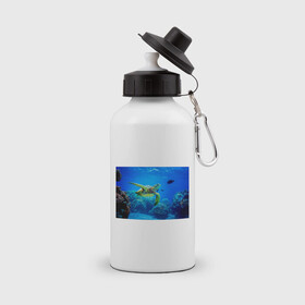 Бутылка спортивная с принтом Морская черепаха в Тюмени, металл | емкость — 500 мл, в комплекте две пластиковые крышки и карабин для крепления | Тематика изображения на принте: морская черепаха | океан | подводный мир | черепаха