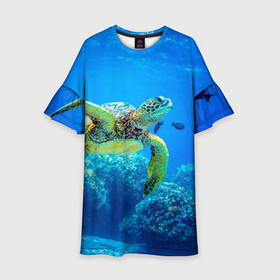 Детское платье 3D с принтом Морская черепаха в Тюмени, 100% полиэстер | прямой силуэт, чуть расширенный к низу. Круглая горловина, на рукавах — воланы | морская черепаха | океан | подводный мир | черепаха