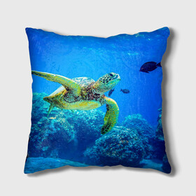 Подушка 3D с принтом Морская черепаха в Тюмени, наволочка – 100% полиэстер, наполнитель – холлофайбер (легкий наполнитель, не вызывает аллергию). | состоит из подушки и наволочки. Наволочка на молнии, легко снимается для стирки | Тематика изображения на принте: морская черепаха | океан | подводный мир | черепаха