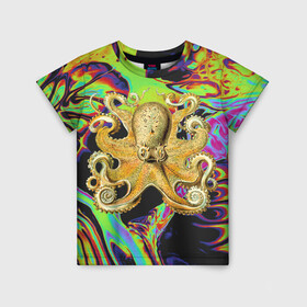Детская футболка 3D с принтом Octopus Ink в Тюмени, 100% гипоаллергенный полиэфир | прямой крой, круглый вырез горловины, длина до линии бедер, чуть спущенное плечо, ткань немного тянется | abstraction | acid | kraken | ocean | octopus | sea | море | осьминог