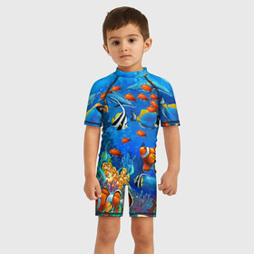Детский купальный костюм 3D с принтом Коралловые рыбки в Тюмени, Полиэстер 85%, Спандекс 15% | застежка на молнии на спине | дно морское | коралловые | кораллы | море | подводный мир | рыбки
