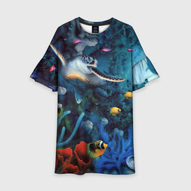 Детское платье 3D с принтом Морская черепаха в Тюмени, 100% полиэстер | прямой силуэт, чуть расширенный к низу. Круглая горловина, на рукавах — воланы | коралловые | кораллы | море | морская черепаха | морские обитатели | океан | подводный мир | рыбки