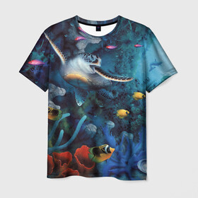 Мужская футболка 3D с принтом Морская черепаха в Тюмени, 100% полиэфир | прямой крой, круглый вырез горловины, длина до линии бедер | коралловые | кораллы | море | морская черепаха | морские обитатели | океан | подводный мир | рыбки