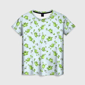 Женская футболка 3D с принтом Веселые лягушки в Тюмени, 100% полиэфир ( синтетическое хлопкоподобное полотно) | прямой крой, круглый вырез горловины, длина до линии бедер | веселая лягушка | лягушка | лягушки | ромашки