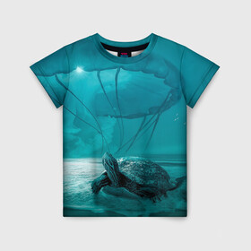Детская футболка 3D с принтом Медуза и черепаха в Тюмени, 100% гипоаллергенный полиэфир | прямой крой, круглый вырез горловины, длина до линии бедер, чуть спущенное плечо, ткань немного тянется | медуза | медуза в море | черепаха