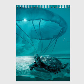 Скетчбук с принтом Медуза и черепаха в Тюмени, 100% бумага
 | 48 листов, плотность листов — 100 г/м2, плотность картонной обложки — 250 г/м2. Листы скреплены сверху удобной пружинной спиралью | Тематика изображения на принте: медуза | медуза в море | черепаха
