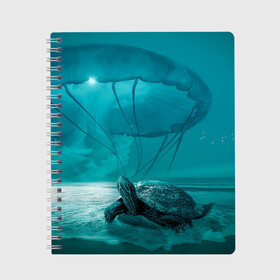 Тетрадь с принтом Медуза и черепаха в Тюмени, 100% бумага | 48 листов, плотность листов — 60 г/м2, плотность картонной обложки — 250 г/м2. Листы скреплены сбоку удобной пружинной спиралью. Уголки страниц и обложки скругленные. Цвет линий — светло-серый
 | Тематика изображения на принте: медуза | медуза в море | черепаха