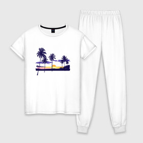 Женская пижама хлопок с принтом ПАЛЬМЫ в Тюмени, 100% хлопок | брюки и футболка прямого кроя, без карманов, на брюках мягкая резинка на поясе и по низу штанин | beach | ocean | palm trees | sea | summer | sun | sunset | vacation | закат | лето | море | океан | отдых | отпуск | пальмы | пляж | солнце