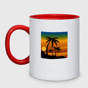 Кружка двухцветная с принтом ЗАКАТ в Тюмени, керамика | объем — 330 мл, диаметр — 80 мм. Цветная ручка и кайма сверху, в некоторых цветах — вся внутренняя часть | beach | ocean | palm trees | sea | summer | sun | sunset | vacation | закат | лето | море | океан | отдых | отпуск | пальмы | пляж | солнце