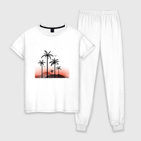 Женская пижама хлопок с принтом palm tree в Тюмени, 100% хлопок | брюки и футболка прямого кроя, без карманов, на брюках мягкая резинка на поясе и по низу штанин | beach | ocean | palm trees | sea | summer | sun | sunset | vacation | закат | лето | море | океан | отдых | отпуск | пальмы | пляж | солнце