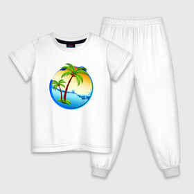 Детская пижама хлопок с принтом palm beach в Тюмени, 100% хлопок |  брюки и футболка прямого кроя, без карманов, на брюках мягкая резинка на поясе и по низу штанин
 | beach | ocean | palm trees | sea | summer | sun | sunset | vacation | закат | лето | море | океан | отдых | отпуск | пальмы | пляж | солнце