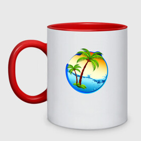 Кружка двухцветная с принтом palm beach в Тюмени, керамика | объем — 330 мл, диаметр — 80 мм. Цветная ручка и кайма сверху, в некоторых цветах — вся внутренняя часть | beach | ocean | palm trees | sea | summer | sun | sunset | vacation | закат | лето | море | океан | отдых | отпуск | пальмы | пляж | солнце