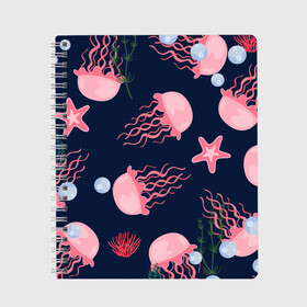 Тетрадь с принтом розовые медузы в Тюмени, 100% бумага | 48 листов, плотность листов — 60 г/м2, плотность картонной обложки — 250 г/м2. Листы скреплены сбоку удобной пружинной спиралью. Уголки страниц и обложки скругленные. Цвет линий — светло-серый
 | водоросли | медузы | морская звезда | морские жители | на глубине | розовые медузы