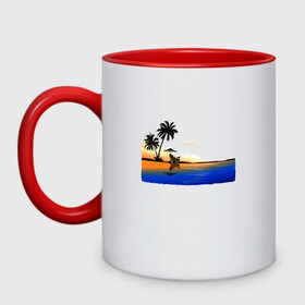 Кружка двухцветная с принтом ПЛЯЖ в Тюмени, керамика | объем — 330 мл, диаметр — 80 мм. Цветная ручка и кайма сверху, в некоторых цветах — вся внутренняя часть | beach | ocean | palm trees | sea | summer | sun | sunset | vacation | закат | лето | море | океан | отдых | отпуск | пальмы | песок | пляж | солнце