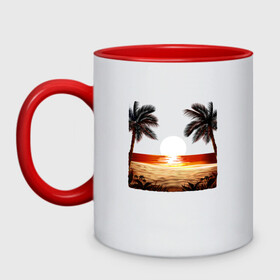 Кружка двухцветная с принтом beach в Тюмени, керамика | объем — 330 мл, диаметр — 80 мм. Цветная ручка и кайма сверху, в некоторых цветах — вся внутренняя часть | beach | ocean | palm trees | sea | summer | sun | sunset | vacation | закат | лето | море | океан | отдых | отпуск | пальмы | песок | пляж | солнце